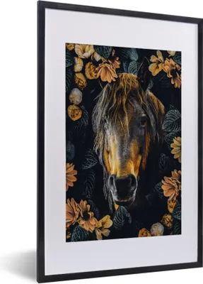 Produktbild von MuchoWow® MuchoWow® Gerahmtes Poster Pferd - Blumen - Orange 40x60 cm - Poster mit zchwarzem Bilderrahmen - Poster in Rahmen