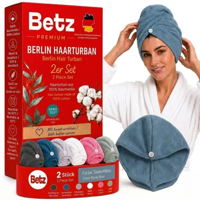 Produktbild von Betz Frottee Turban Berlin – 2er Set Haarturban aus 100% Baumwolle – Turban Handtuch mit Knopfverschluss - ideal für Bad & Wellness Farbe taubenblau