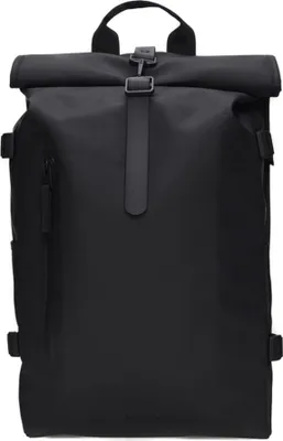 A black rolltop backpack shown from the front.
