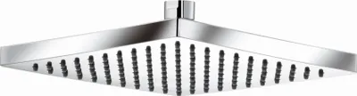 A square chrome shower head with multiple nozzles, shown from a slightly angled top-down view against a white background.