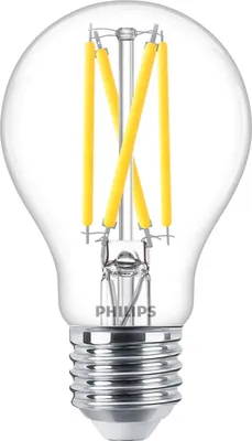 A close-up studio shot of a Philips LED filament light bulb.