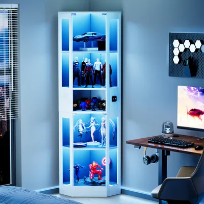 Produktbild von Vitrine 57 × 40 × 165 cm, 5-stufig, mit Glastüren, LED mit 3 Lichtfarben und einstellbarer Helligkeit, Bewegungssensor, Weiß