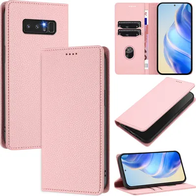 Image de Étui en cuir pour Samsung Galaxy Note 8, Litschi cuir, étui portefeuille avec fentes pour cartes et support Rose