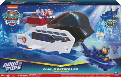 Produktbild von PAW Patrol , Aqua Pups – Whale Patroller, Teamfahrzeug mit Basis Fahrzeug von Chase und Welpenfigur, Abschussvorrichtung für Basis Fahrzeug, Schiff, 3 Jahr(e), Mehrfarbig