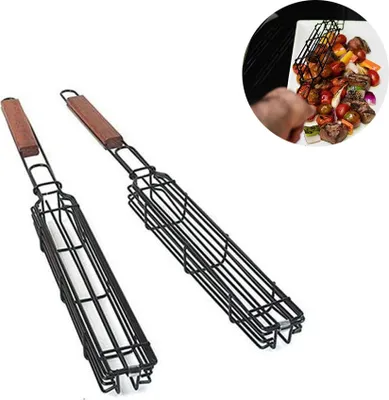 Produktbild von Grillkorb Antihaft Gemüse Fleisch Grillrost mit Holzgriff 4,5 x 28 cm Chromstahl