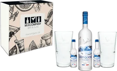 Produktbild von Grey Goose Geschenkset - Vodka 0,7L (40% Vol) + 2x Mini je 5cl (40% Vol) + 2x Longdrinkglas mit Grey Goose Logo und 4cl Eichung- [Enthält Sulfite]