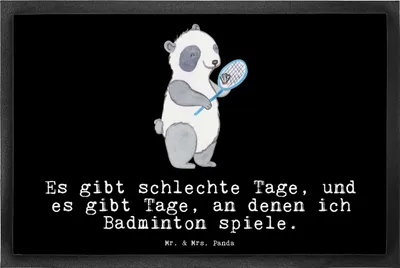 Produktbild von Mr. & Mrs. Panda Schmutzfangmatte Panda Badminton  40 x 60 cm - Schwarz - Geschenk, fußmatte, Fußabstreifer, Bodenvorleger, Türmatte, Schmutzmatte, Fussmatte, spielen