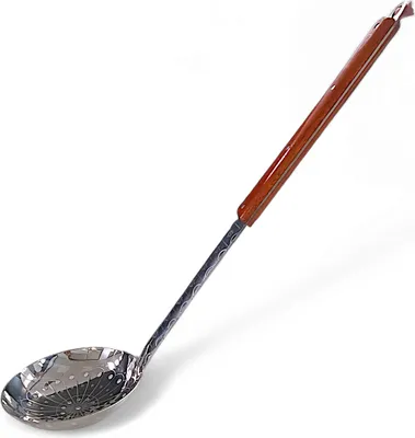 A stainless steel skimmer with a wooden handle, presented against a white background.