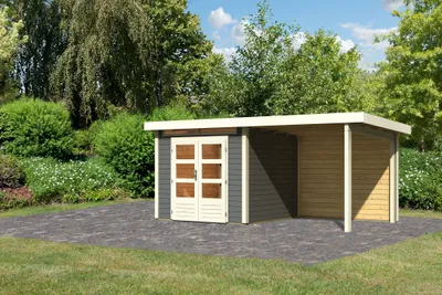 Produktbild von Karibu Gartenhaus Gerätehaus Kandern 3 im Set mit Anbaudach 2,35 m Breite und 28mm Rückwand terragrau 445x244x222 cm