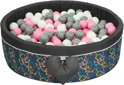 Produktbild von H&F Heimtextilien Bällepool Mit Bällen | Bällepool Für Babys Kinder 98X30cm | Farbe: Schwarz mit Farbigen Muster | 300 Stück ∅ 7cm Rosa Bälle für Bällebad