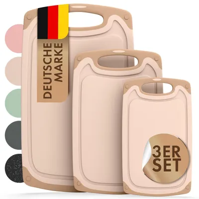 Produktbild von Schneidebrett-Set mit 3 Größen (S/M/L) – Großes Kunststoff-Schneidebrett mit Saftrille und Griff – BPA-freies und robustes Schneidebrett – Beiges Küchenbrett