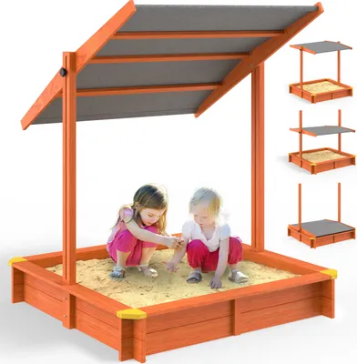 Obrázok produktu pre SPIELWERK® Pieskovisko Sami slnečná strieška 120x120cm impregnované drevo stupnica úrovne UV 50+ ochrana okrajov zemné rúno piesok hračka detské pieskovisko pieskovisko
