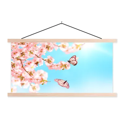 Produktbild von MuchoWow® Textilposter Schmetterlinge - Baum - Blumen 60x30 cm mit holzfarbenen Rahmen - Dekoration