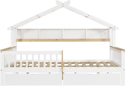 Produktbild von Kinderbett Ohne Matratze Fallschutz Gitter Einzigartiges Dachdesign 140x200cm Lagerregal Schubladen Auf Holzbetten Kiefer MDF Weiss Naturbelassen