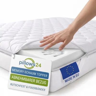Produktbild von Pillows24 - Topper 120x200cm aus Memory-Schaum - 6cm hoch - Matratzentopper mit abnehmbarem Bezug & rutschfester Unterseite |  EU