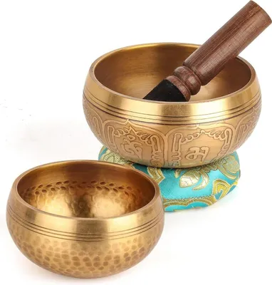 Image de Ensemble de bols chantants tibétains, fabriqués à la main au Népal, pour la méditation et le yoga, diamètre 10 cm et 8 cm