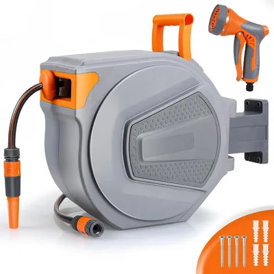 Produktbild von Gartenschlauch Aufroller - Automatische wandmontierte Schlauchbox - 30 m PVC-Schlauch - 180° schwenkbar - 9-fach Sprühdüse - Grau-Orange