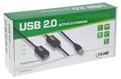 Produktbild von InLine USB 2.0 Aktiv-Verl., mit Signalverstärkung "Repeater", ST A / BU A, 25m, 25 m, USB A, USB A, USB 2.0, Stecker/Buchse, Schwarz