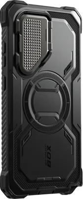 The back of a black smartphone case with a textured camera cover and a circular grip/stand.