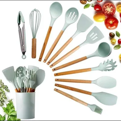 Produktbild von Silikon Keukengerei Set - 12 Teile - Spatel - Set mit Holzhalter - Löffel - Pfannenwender - Gabeln - Grün