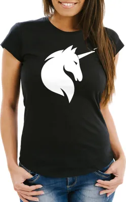 Produktbild von Damen T-Shirt Einhorn Unicorn Slim Fit Moonworks® schwarz XS