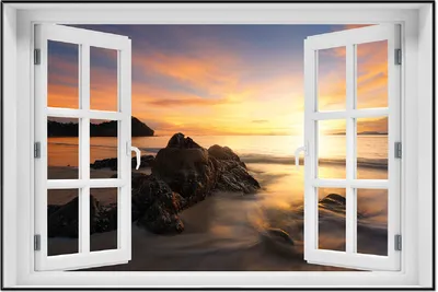 Produktbild von Wallario Wandbild mit Fenster-Illusion: Sonne über dem Meer mit Felsenlandschaft, Größe: 61 x 91,5 cm, Poster mit schwarzem Aluminiumrahmen