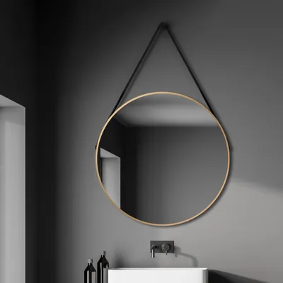 Produktbild von Wandspiegel rund Talos Gold Style Matt Ø 80 cm - Badspiegel mit  Aufhängegurt in Lederoptik - hochwertiger umlaufender Aluminiumrahmen in gold- Badezimmerspiegel