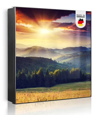Zdjęcie produktu dla banjado metalowa szafka na klucze, duża 30x30 cm z 32 haczykami, może służyć jako tablica magnetyczna, czarny korpus, zawias po lewej stronie, Karpaten Sonnenuntergang [SKG2 12313]