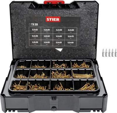 Produktbild von STIER Spanplattenschrauben-Systainer I T-LOC mit 1.380 Schrauben, Transportkiste, Systainer mit Sortiment, Kombinierbarer Systainer, Stapelbarer Koffer, Effizientes Set