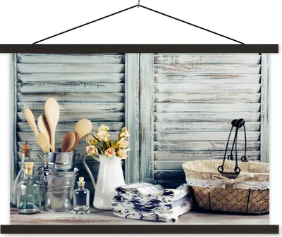 Produktbild von MuchoWow® Textilposter Stilleben - Küchenutensilien - Rustikal 150x100 cm mit schwarzem Rahmen - Schlafzimmer