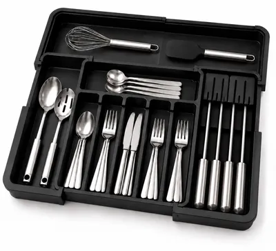 Imagen del producto de Caja para cubiertos Relaxdays, extensible, con 6-9 compartimentos, compartimento para cuchillos, dimensiones: 5 x 33-56,5 x 37-48,5 cm, organizador para cajones, color, Imagen generada por IA