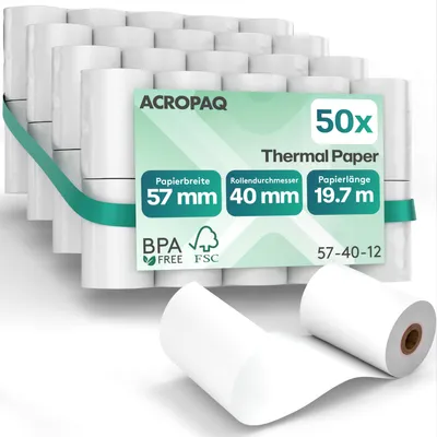 Zdjęcie produktu dla ACROPAQ - 50 rolek termicznych do kasy fiskalnej - wymiary 57 x 40 x 12 mm - rolka do kasy, papier termiczny, rolka termiczna - wolna od BPA