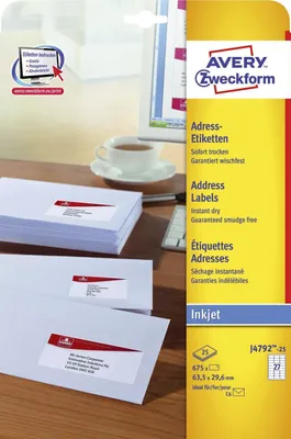 Image de Avery Zweckform J4792-25 Étiquettes d'adresse, 63,5 x 29,6 mm, 25 feuilles/675 étiquettes, blanc