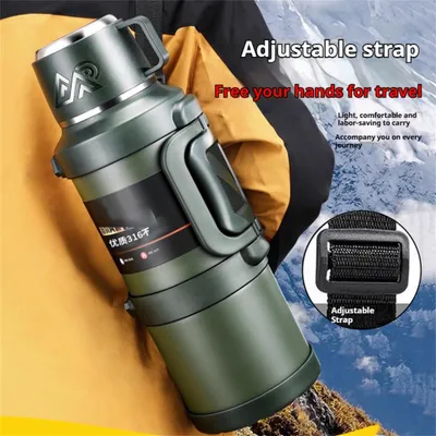 Produktbild von 1,7L Edelstahl Thermosflasche mit Griff, Großes Fassungsvermögen Isolierflasche Warm & Kalt Halten Trinkflasche für Outdoor Reisen Camping, Grün