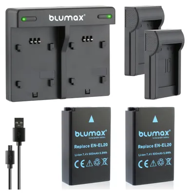 Produktbild von 2x Akku + Lader für Nikon EN-EL20 ,1 J1, 1 J2, 1 J3, 1 S1,   800 mAh (7,4V)