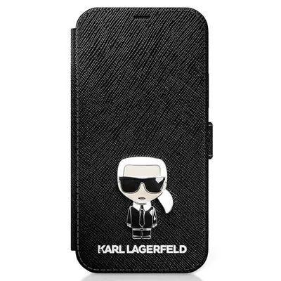 Produktbild von Karl Lagerfeld KLFLBKP12MIKMSBK iPhone 12/12 Pro 6,1" schwarz/schwarzes Buch Saffiano Ikonik Metal Schutzhlle