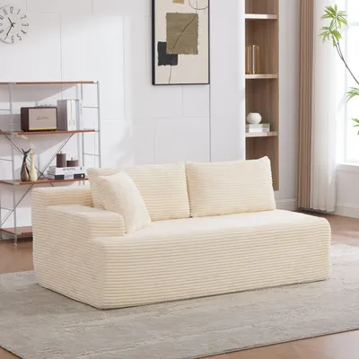 Immagine prodotto di Divano a due posti MODFU color avorio, divano letto con schienale a sinistra, divano relax con chaise longue, imbottitura morbida, ciniglia, mobili imbottiti per il soggiorno