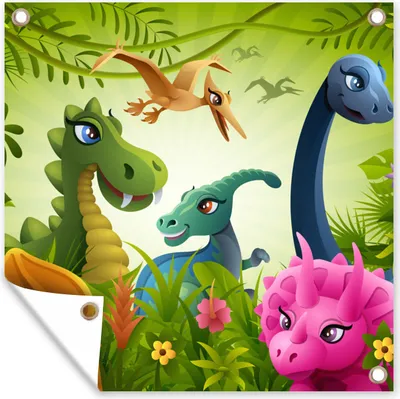 Produktbild von MuchoWow® 100x100 cm Outdoor-Poster Gartendeko Sichtschutz Garten Poster für den Garten  Dinosaurier - Tiere - Dschungel - Illustration - Baby - Jungen - Mädchen - Kinder