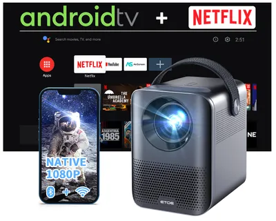 Imagen del producto de Proyector de cine en casa ETOE con Android TV 10.0: experiencia cinematográfica con más de 5000 aplicaciones. Proyector 4K UHD, color