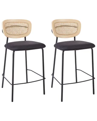 Produktbild von BELIANI Set aus 2 Barstühlen Schwarz Polyesterpolsterung Naturrattan Wiener Geflecht Rückenlehne Schwarz Metallbeine Armlose Hocker