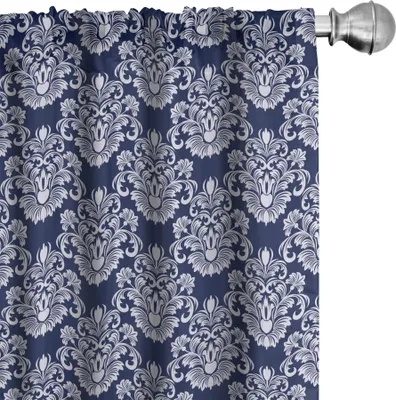 Produktbild von ABAKUHAUS Navy blau Vorhänge, Gardinen, Abstrakter Blumendamast mit antikem viktorianischem Design-Renaissance Flourish, 2 Stück 75 x 245 cm, Dunkelblau Weiß