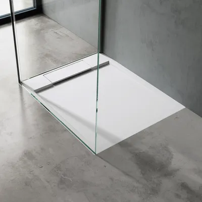 Produktbild von doporro Duschtasse Duschwanne 75x80x4 flach Mineralguss in Weiß DIN-Anschlüsse für bodenebene Montage geeigne inkl. Ablaufgarnitur Geoma04