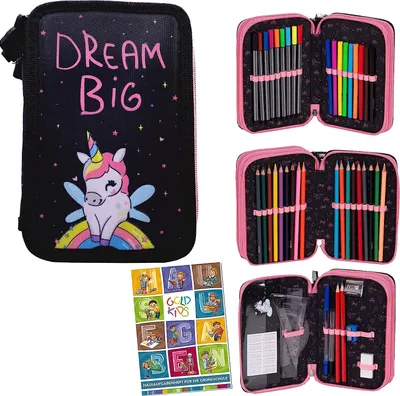Produktbild von Federmappe Federtasche Einhorn Motiv 3-fache Federmäppchen 45-teilig gefüllte Schüleretui Stifte und Pinsel Aufgabenheft Federbox Etui Stiftetasche
