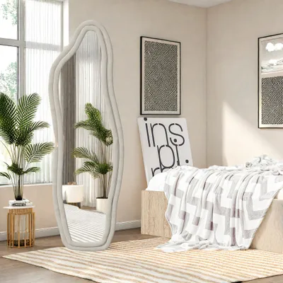 Image de Miroirs en pied 160x50cm, Miroir pleine longueur posé au Mural /Suspendu/Appuyé, Miroir organique en enveloppé de Flanelle, Miroirs blanc