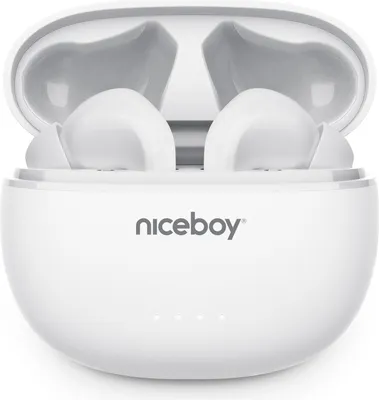 A pair of white wireless earbuds in their charging case.