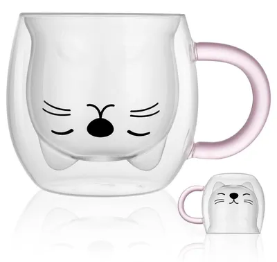 Produktbild von Doppelwandige Katzen-Kaffeetasse aus Borosilikatglas, 230-280ml, Rosa