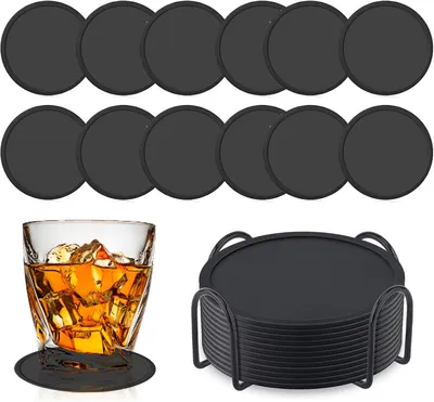 Productafbeelding van 12-delige set siliconen drinkonderzetters met metalen houder, antislip, hittebestendige ronde onderzetters (10 cm, zwart) voor thuis, keuken, kantoor