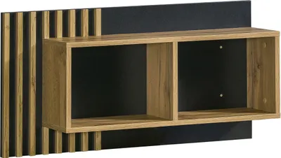 A wall-mounted shelf with two compartments, set against a black background with vertical wooden slats on the left.