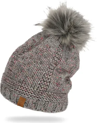 Produktbild von Faera Wintermütze warm gefüttert mit Kunstfell Bommel-Mütze Winter Damen Herren Grau
