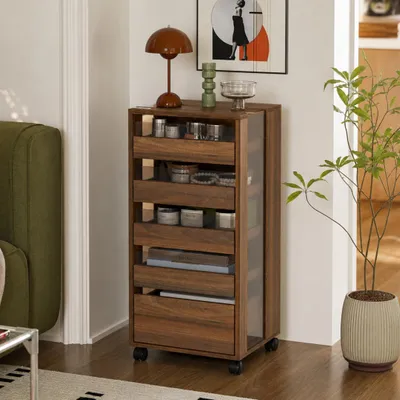 Produktbild von Glasvitrine, Rollcontainer mit Glas, Beistelltisch, Couchtisch-Sideboard, Braun, MDF + Glas, 40 × 40 × 81 cm